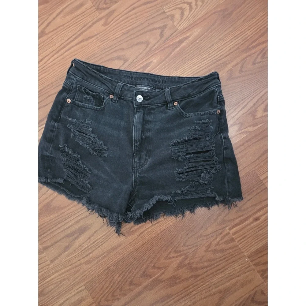 American Eagle Black Distressed Denim Shorts High Waisted Frayed Hem Womens 8